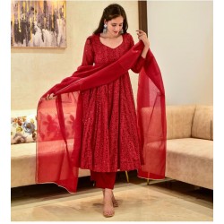 Red Color Chikankari Work festival Special Anarkali Suit | 3 colors available |